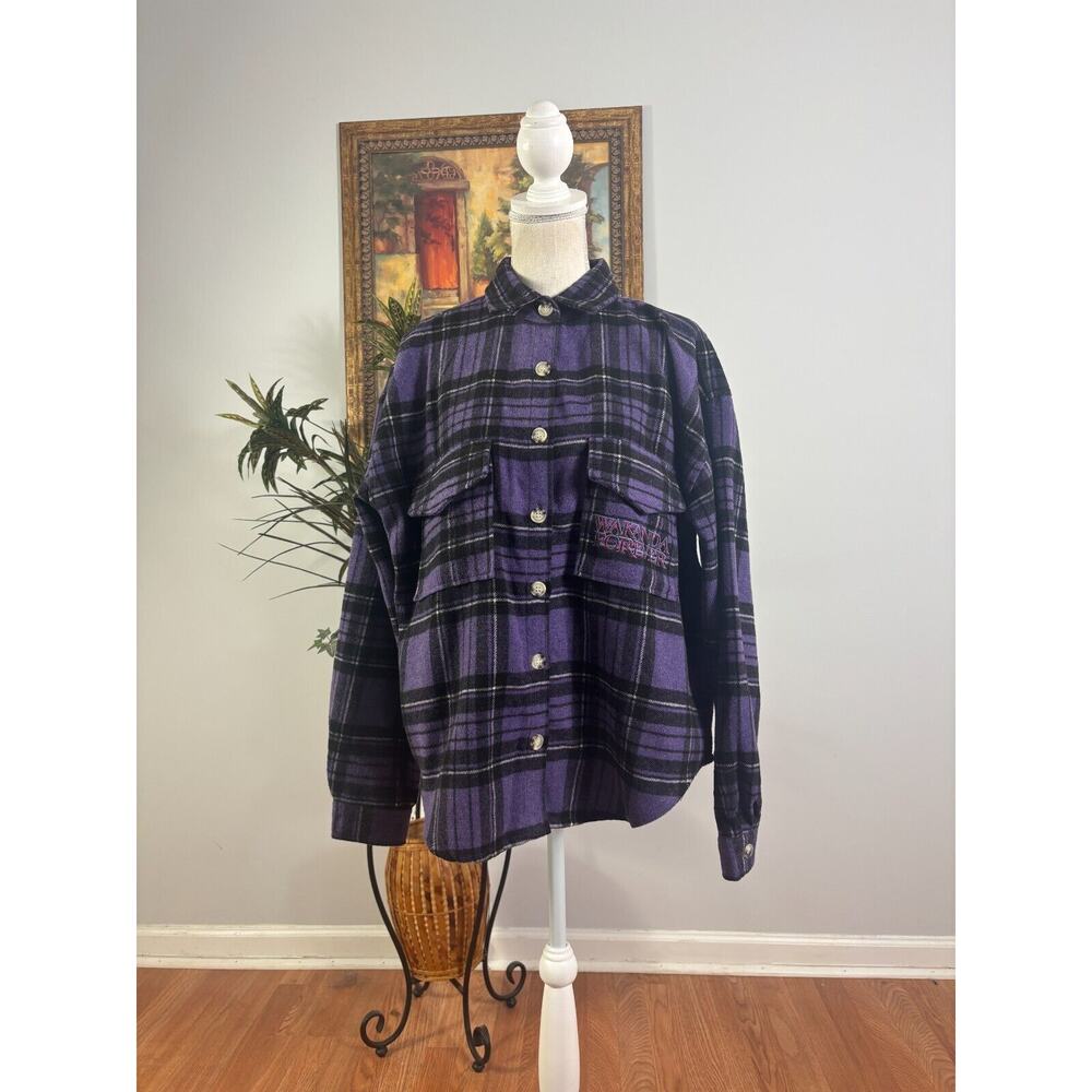 Disney Marvel Flannel Shirt Womens L Purple Plaid Black Panther Wakanda Forever